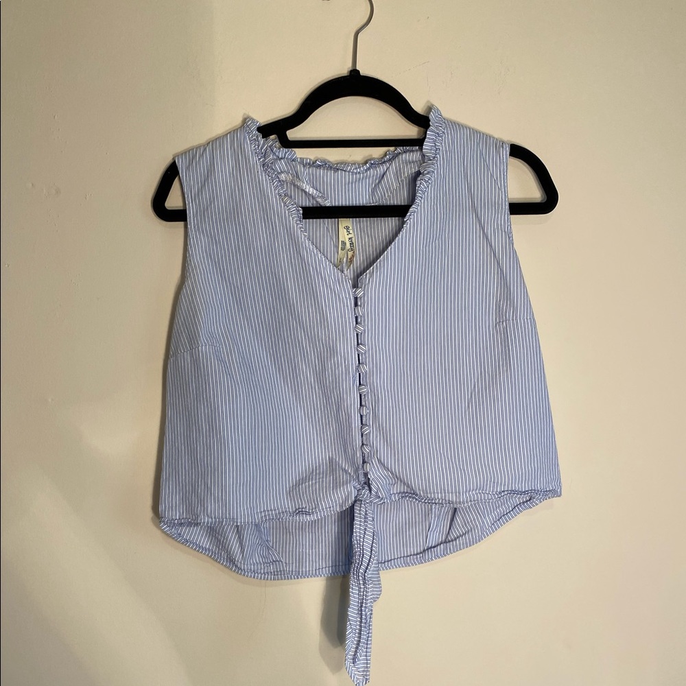 Pinstriped Sleeveless Cropped Ruffle Top